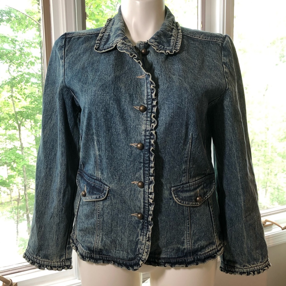 Bleu Bayou Blue Jean Jacket Ruffles Button Boho